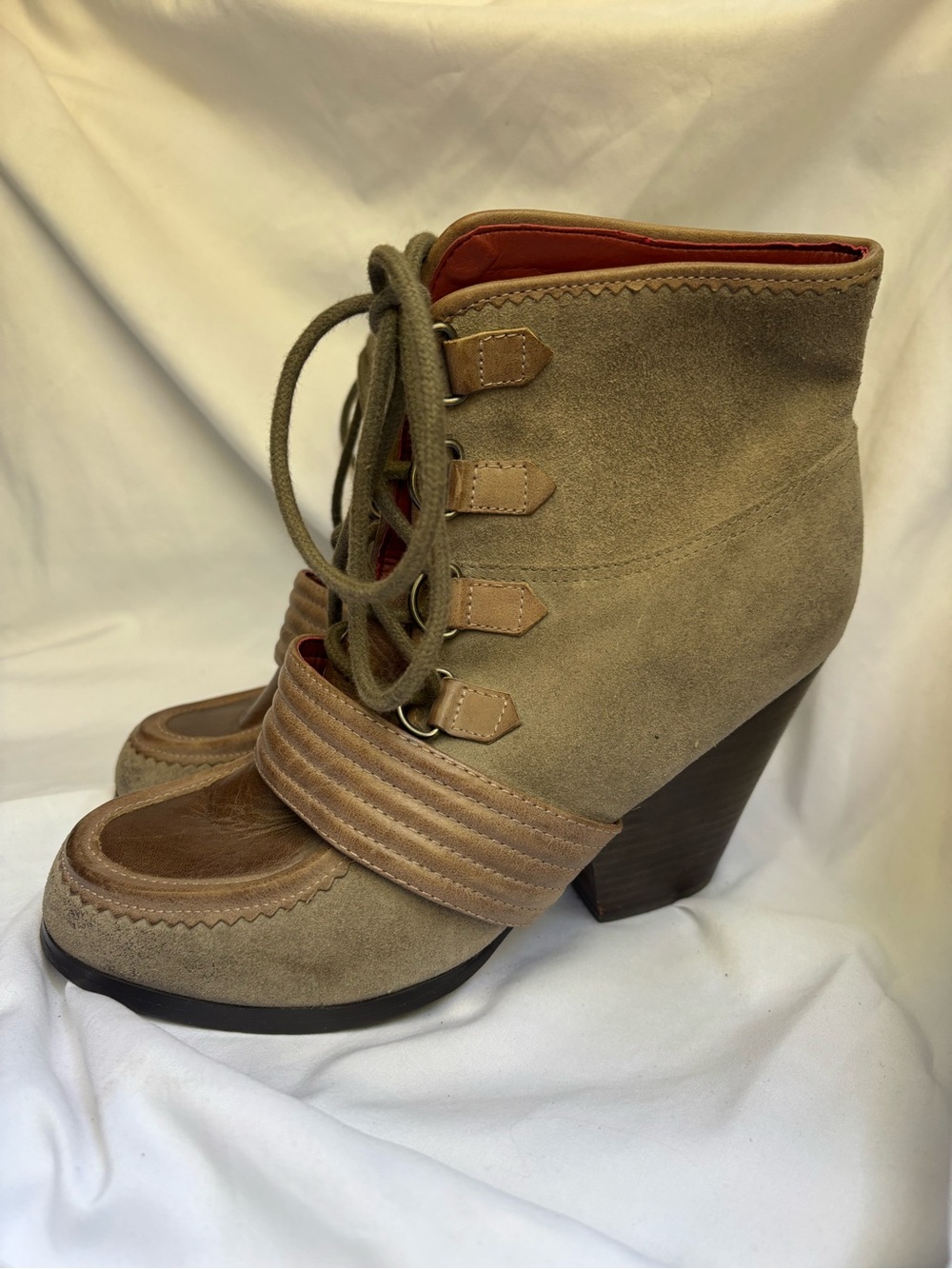 luxury rebel Taupe Suede Lace-Up Ankle Heeled Boots | Size 38/7.5